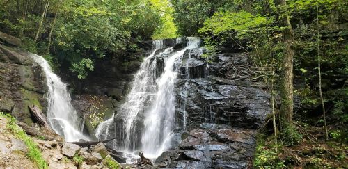 A serene waterfall cascades over rocky cliffs, surrounded by lush green trees and foliage.
