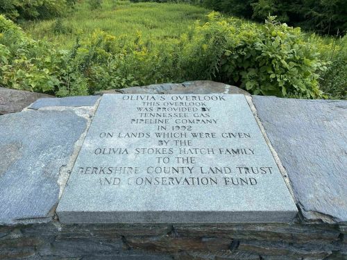 A stone plaque at Olivia's Overlook commemorating a land donation to the Berkshire County Land Trust and Conservation Fund.