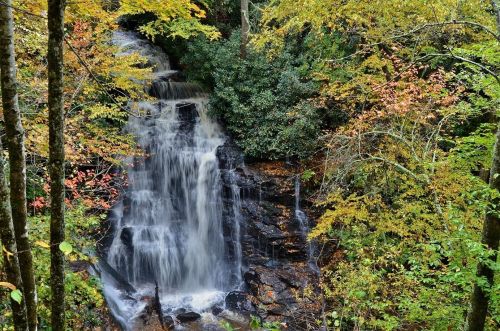 A serene waterfall cascades through vibrant autumn foliage in a lush forest setting.