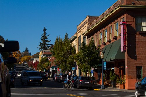 A street scene featuring a cyclist, brick buildings, trees, and clear blue skies in a quaint town.