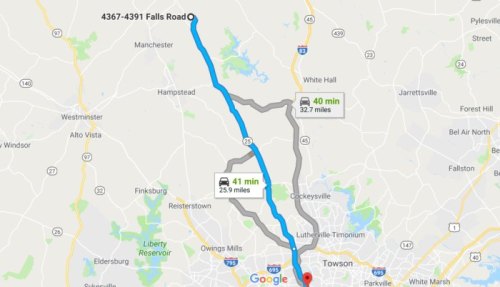 Map showing directions from Falls Road to nearby locations, with estimated travel times and distances.