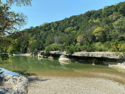 A serene riverbank scene with clear water, rocky edges, and lush green trees under a bright blue sky.