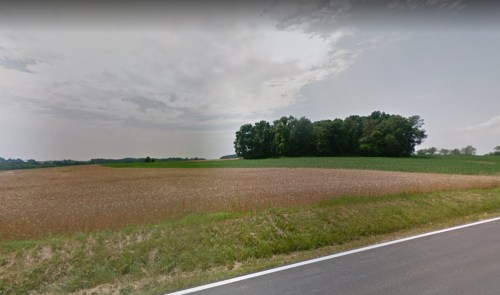 A rural landscape featuring a field, a tree line in the distance, and a cloudy sky above.