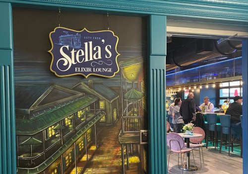 Sign for Stella's Elixir Lounge with a vibrant interior and patrons enjoying drinks in a lively atmosphere.