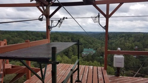 View from a wooden platform overlooking a lush green landscape and distant hills under a cloudy sky.