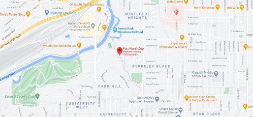 Map showing Fort Worth Zoo, nearby parks, and local restaurants in Fort Worth, Texas.