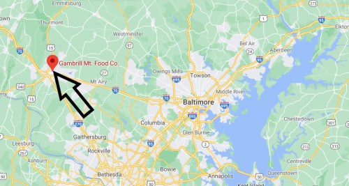 Map showing the location of Gambrill Mt. Food Co. near Emmitsburg, Maryland, with an arrow pointing to it.