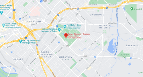 Map showing the location of Texas Discovery Gardens in Dallas, Texas, near Deep Ellum and other landmarks.