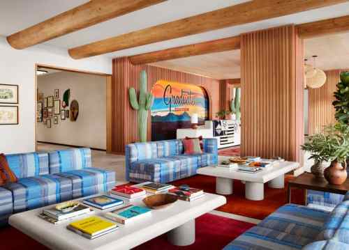 A stylish living area with blue striped sofas, coffee tables, and vibrant decor, featuring cacti and a colorful mural.
