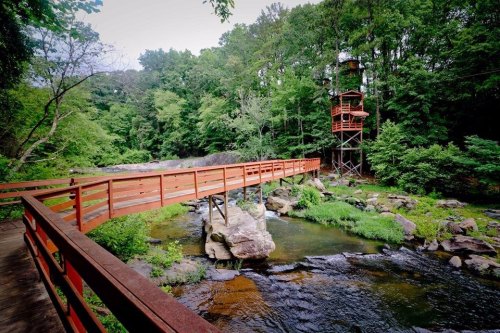 A wooden bridge spans a serene stream, surrounded by lush greenery and a lookout tower in the background.
