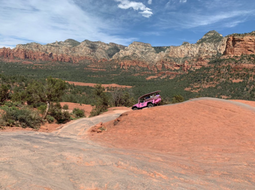 A pink off-road vehicle on a rocky terrain with red mountains and blue sky in the background.