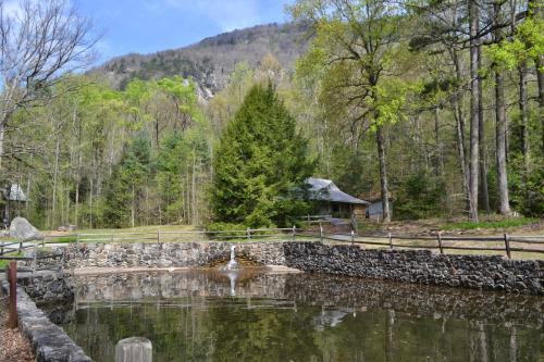 A serene pond surrounded by lush greenery and trees, with a rustic cabin in the background and a mountain view.
