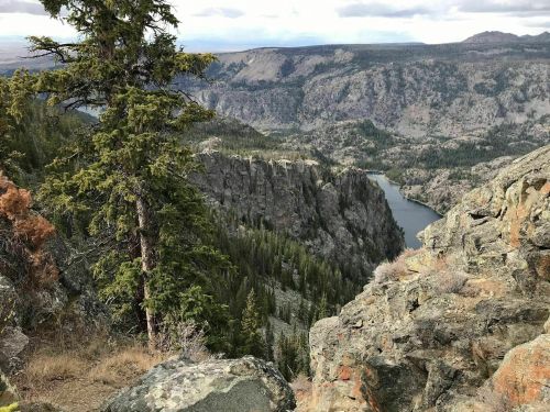 A scenic view of a rocky cliff overlooking a winding river and lush green forested valley under a cloudy sky.