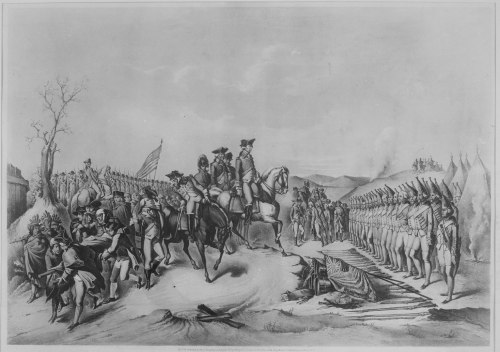 Historical scene depicting soldiers on horseback, Native Americans, and troops in formation, set against a mountainous backdrop.