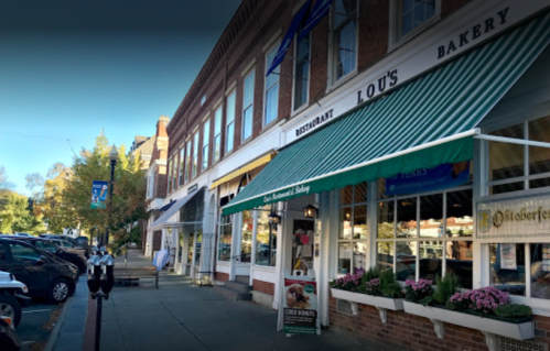 A charming street view featuring Lou's Bakery with green awning and flower planters, surrounded by shops and parked cars.