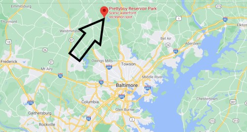 Map highlighting Prettyboy Reservoir Park as a scenic waterfront recreation spot near Baltimore, Maryland.