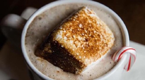 A mug of hot chocolate topped with a toasted marshmallow and a candy cane.
