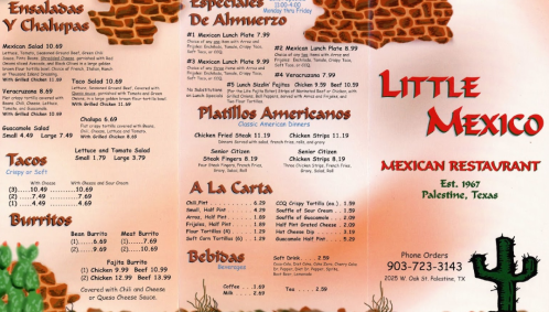 Menu for Little Mexico restaurant featuring tacos, burritos, lunch specials, and beverages. Located in Palestine, Texas.