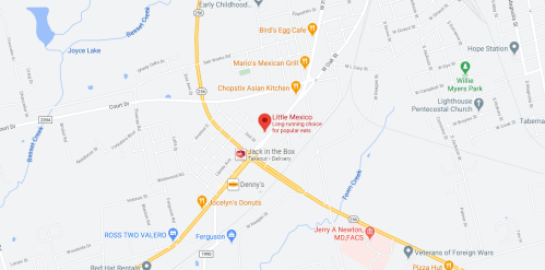 Map showing local businesses including Little Mexico, Jack in the Box, and Denny's in a small town area.