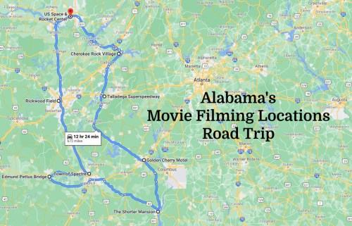 Map showing a road trip route through Alabama, highlighting movie filming locations with key landmarks and distances.