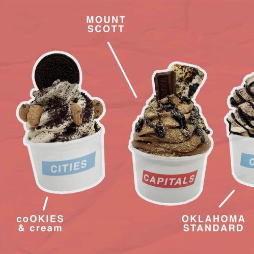Two ice cream cups with toppings: one labeled "Mount Scott" with cookies and cream, and another "Oklahoma Standard" with chocolate.