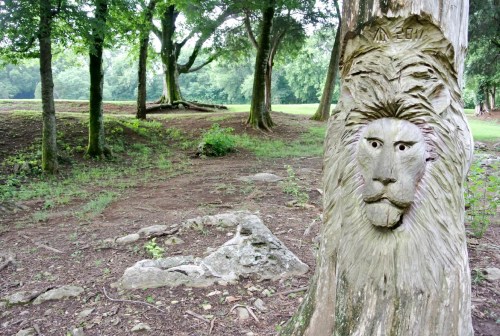 A carved lion's head on a tree trunk in a wooded area with green foliage and rocky ground.