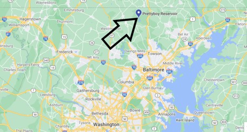 Map highlighting Prettyboy Reservoir in Maryland, with an arrow pointing to its location.