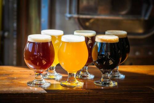 A variety of six craft beers in glasses, featuring different colors and styles, arranged on a wooden table.