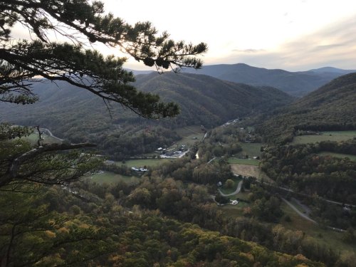 A scenic view of rolling mountains and a valley with a small village, framed by pine branches at sunset.