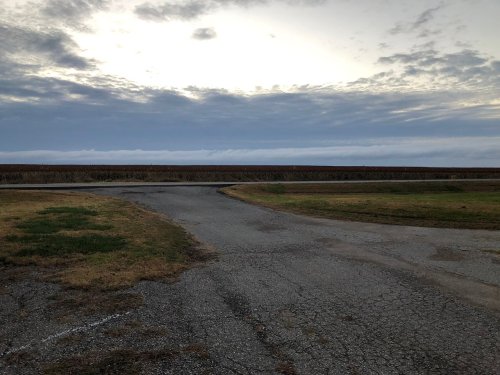 A winding gravel path leads to a cloudy sky over a field, with grass on either side.