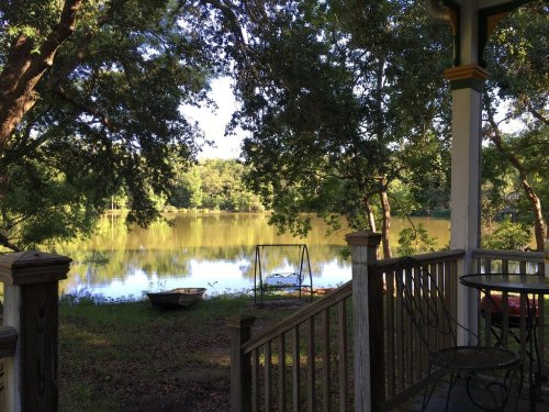 A serene view of a calm lake surrounded by trees, with a swing and a small boat visible on the shore.