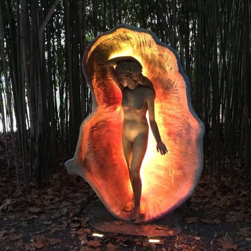 A glowing sculpture of a woman emerging from a large shell, surrounded by bamboo and fallen leaves.