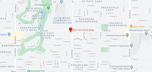 Map showing the location of New York Pizza & Wings in the Alta Mesa area, near various community landmarks.
