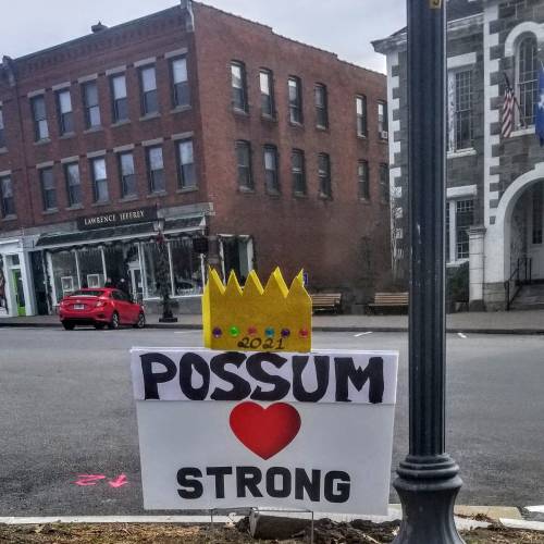 A colorful sign reading "POSSUM STRONG" with a crown, displayed on a street in a small town.
