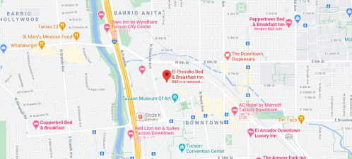 Map showing the location of El Presidio Bed & Breakfast Inn in Tucson, Arizona, near downtown attractions.