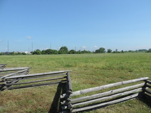A wide open field with green grass, wooden fences in the foreground, and a clear blue sky in the background.