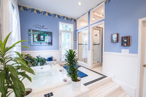 Bright bathroom with a jacuzzi, shower, plants, and a "Relax" sign on the wall, featuring blue accents and natural light.