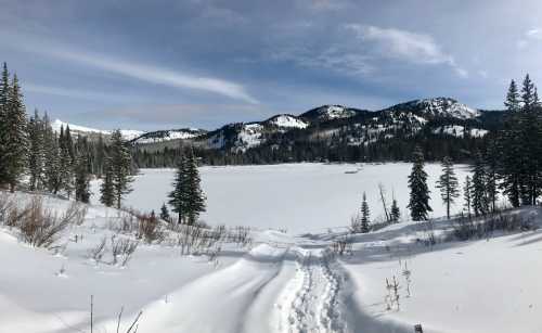 A snowy landscape with a frozen lake, surrounded by mountains and evergreen trees under a clear blue sky.