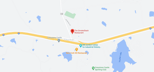 Map showing the location of The SmokeStack Restaurant in Thurber, near Greystone Castle and New York Hill Restaurant.