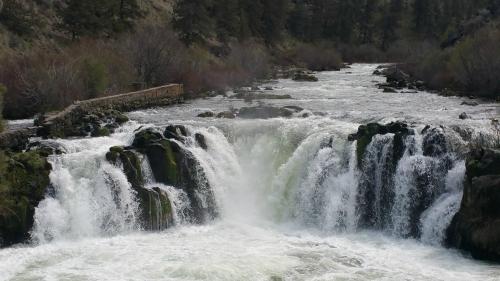 A cascading waterfall flows over rocky ledges, surrounded by trees and a rushing river.