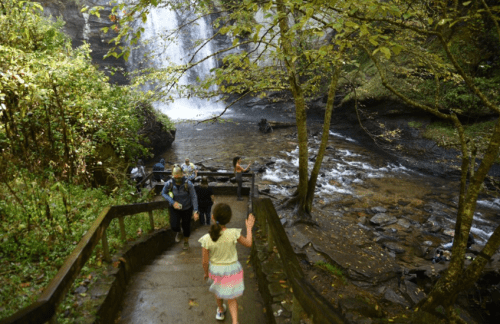 A child walks down wooden steps towards a waterfall, surrounded by lush greenery and a rocky riverbank.
