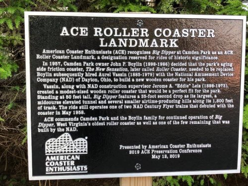 Sign detailing the Ace Roller Coaster Landmark, recognizing the Big Dipper at Camden Park for its historical significance.