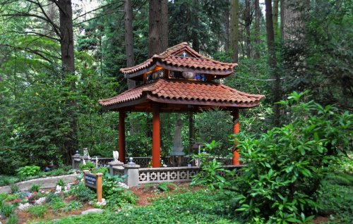 A serene gazebo with a tiled roof surrounded by lush greenery and colorful flowers in a tranquil forest setting.