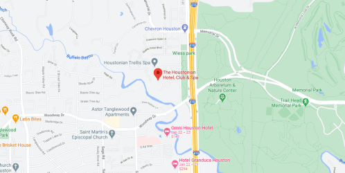 Map showing the location of The Houstonian Hotel, Club & Spa near Memorial Park in Houston, Texas.