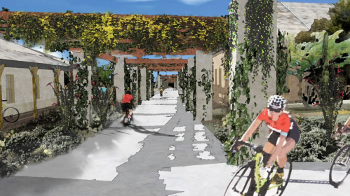 Two cyclists ride along a tree-lined path with greenery and buildings in a vibrant, artistic landscape.