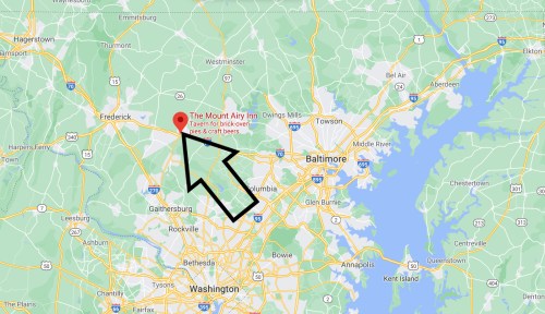 Map showing the location of The Mount Airy Inn, marked with an arrow, near Washington, D.C. and Baltimore.