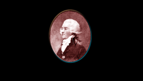 Portrait of a man in 18th-century attire, featuring a white wig and a high-collared coat, set in an oval frame.