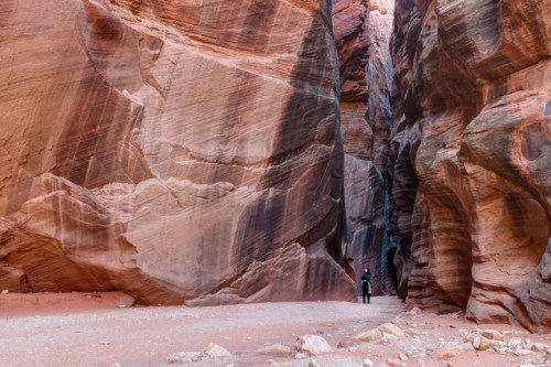 A person stands in a narrow canyon surrounded by towering, colorful rock formations.