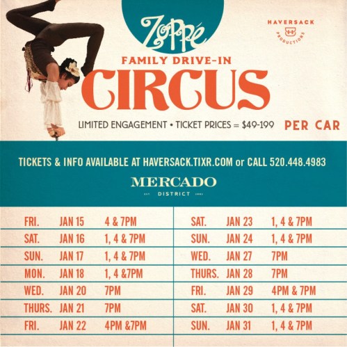 A colorful circus poster featuring performance dates, ticket prices, and a performer in a dramatic pose.