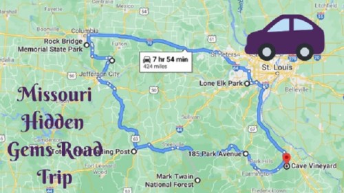 Map of a road trip through Missouri, highlighting hidden gems with a route from St. Louis to Cave Vineyard.
